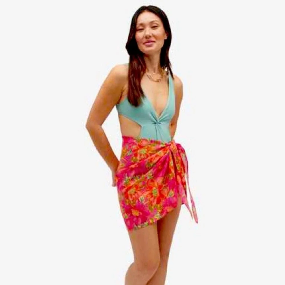 Beach Riot Melanie Sarong Miami Peony Pink‎ Orange Floral Swim Cover Up O/S NEW